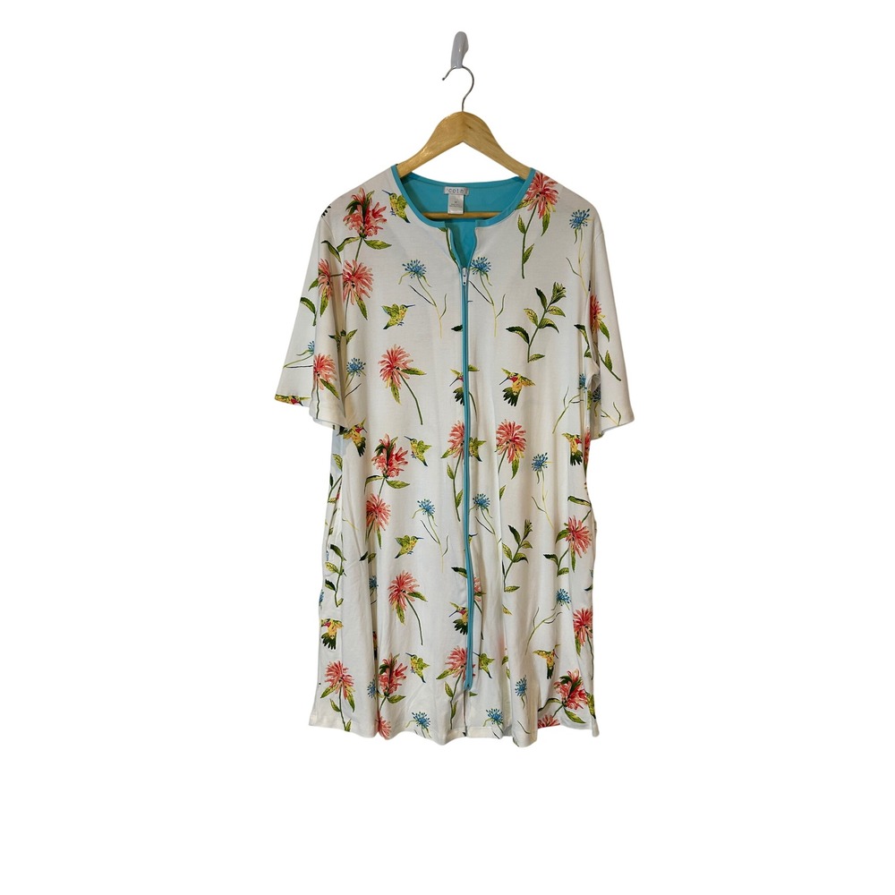 cotn Zip Front Robe Women Medium White Hummingbird Floral Pima Cotton Loungewear
